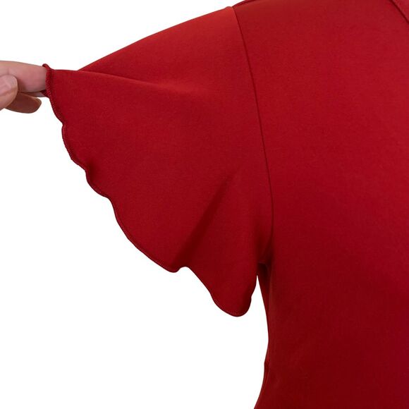 Red Faux Wrap Dress with Side Tie – Short Sleeve Knee Length Women’s Size M - Picture 7 of 10